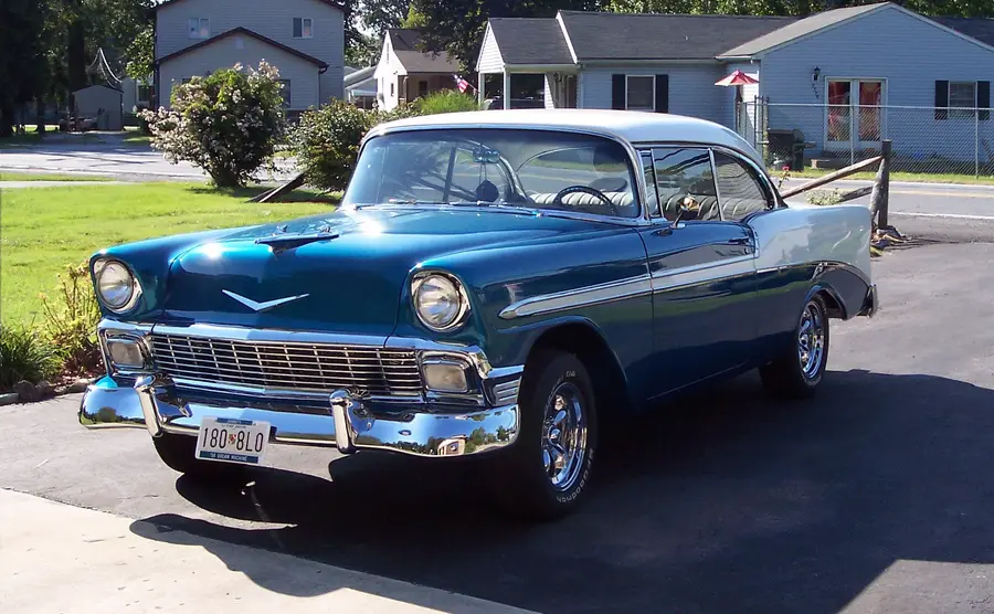 The restored 1956 Chevrolet Bel Air in two-tone blue and white.